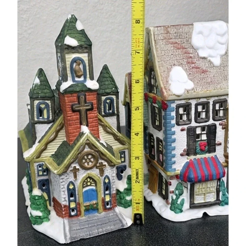 2pc CHRISTMAS VILLAGE PORCELAIN SNOW CHURCH Bakery HOUSE Decor Holiday Town
